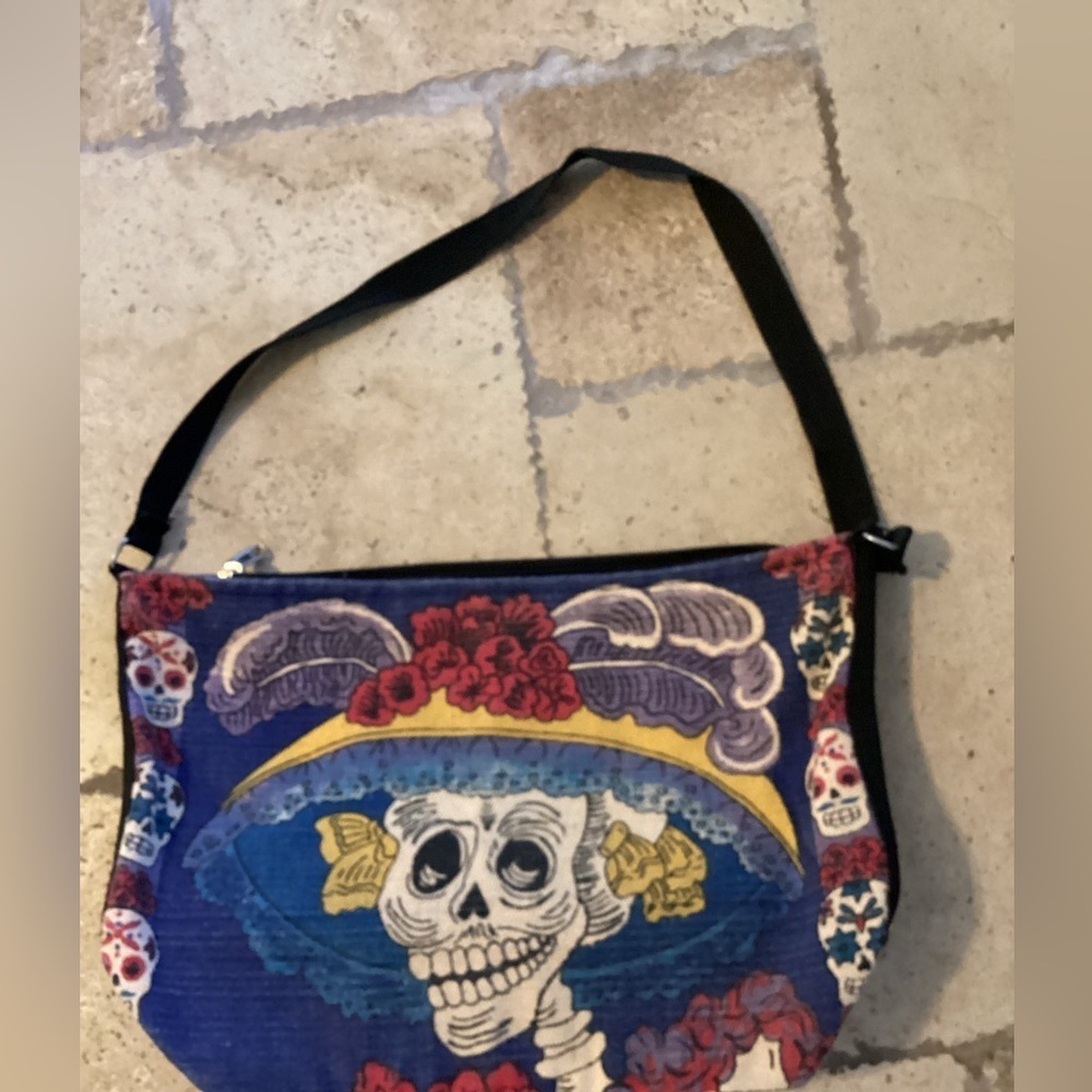 Colorful La Santa Muertes DAY OF THE DEAD w/ Skulls strap canvas  zipper HANDBAG